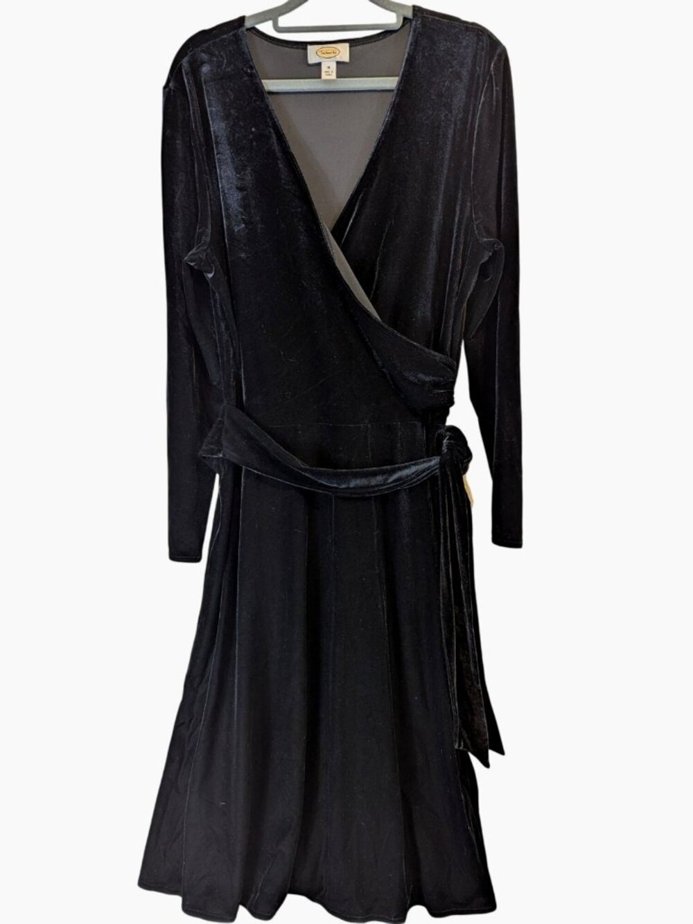 Talbots Women 16 Black Velvet Faux Wrap Dress Velour Long Sleeve Flare Event